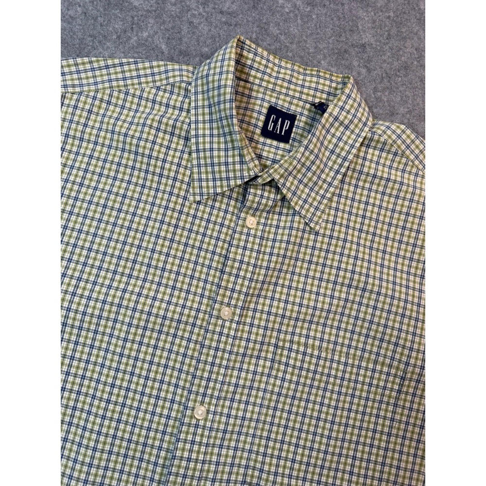 Gap Mens Large Short Sleeve Plaid Button Down Shirt Green‎ Blue 100% Cotton L